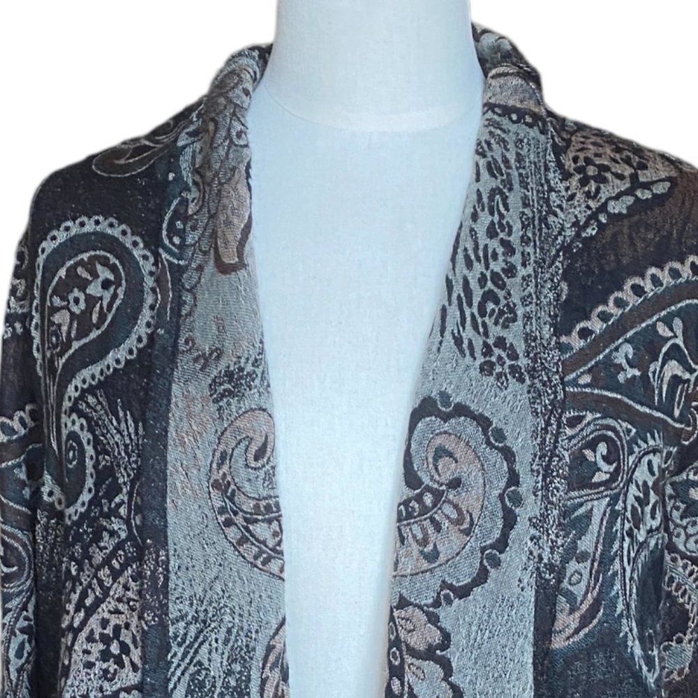 Soft Surroundings Wool Paisley Tapestry Cardigan Gray Boho Fringe -M - Picture 2 of 14